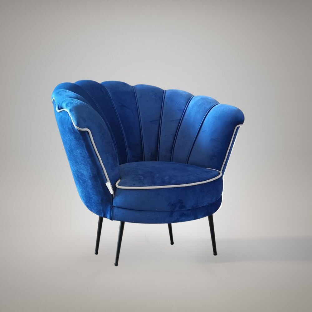 Poltrona a conchiglia Orel in velluto colore blu navy bordo grigio