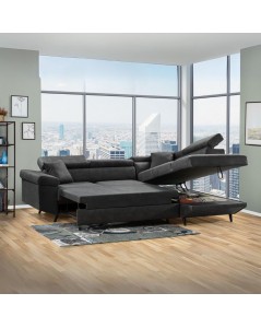 Divano con funzione letto e penisola contenitore destra Denver grigio scuro tessuto Ontario96