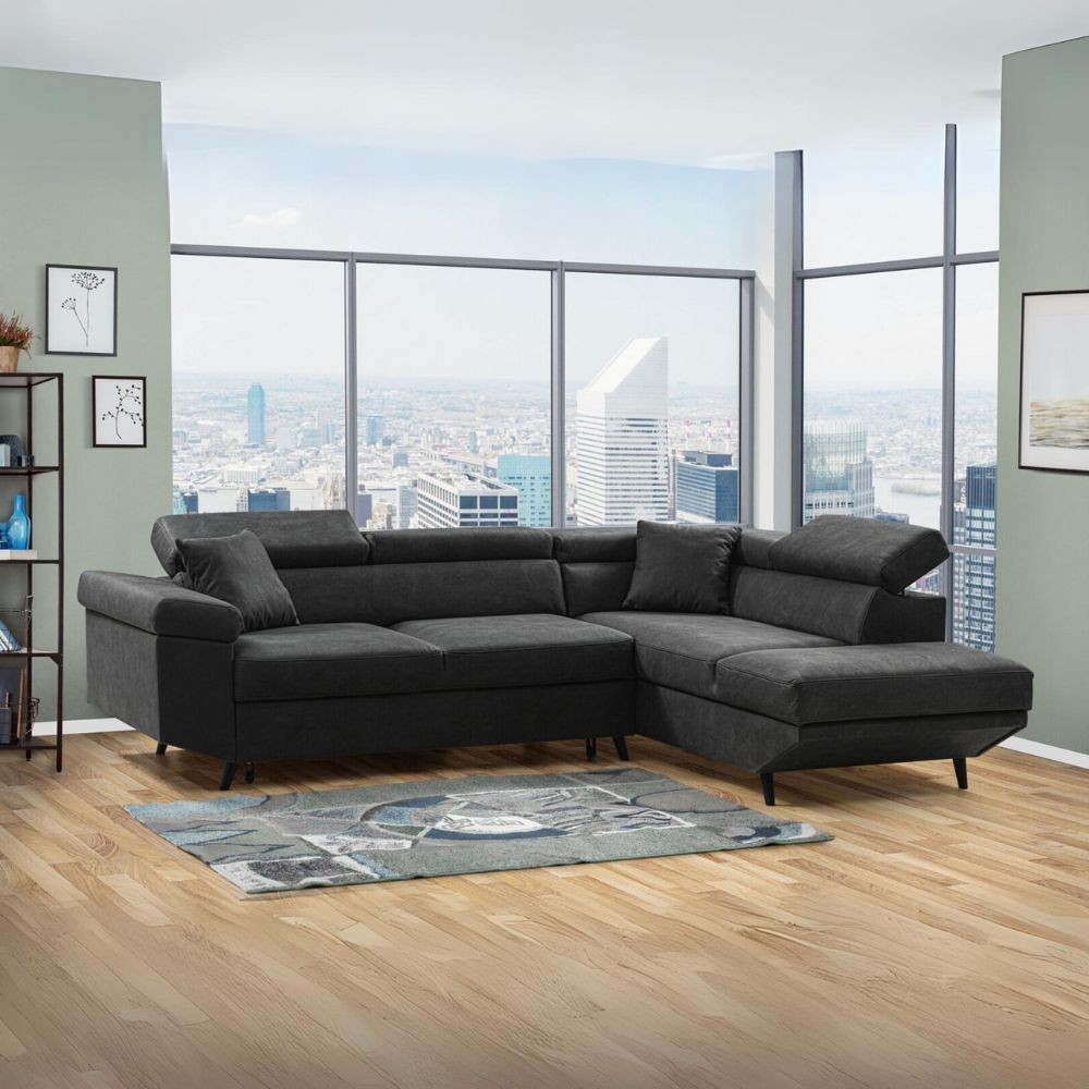 Divano con funzione letto e penisola contenitore destra Denver grigio scuro tessuto Ontario96