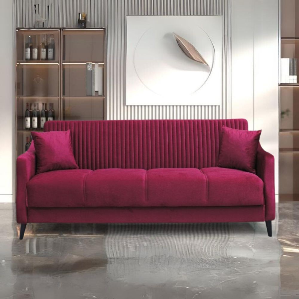 Divano 3 posti funzione letto contenitore Montana in tessuto bordeaux 225x82x92h