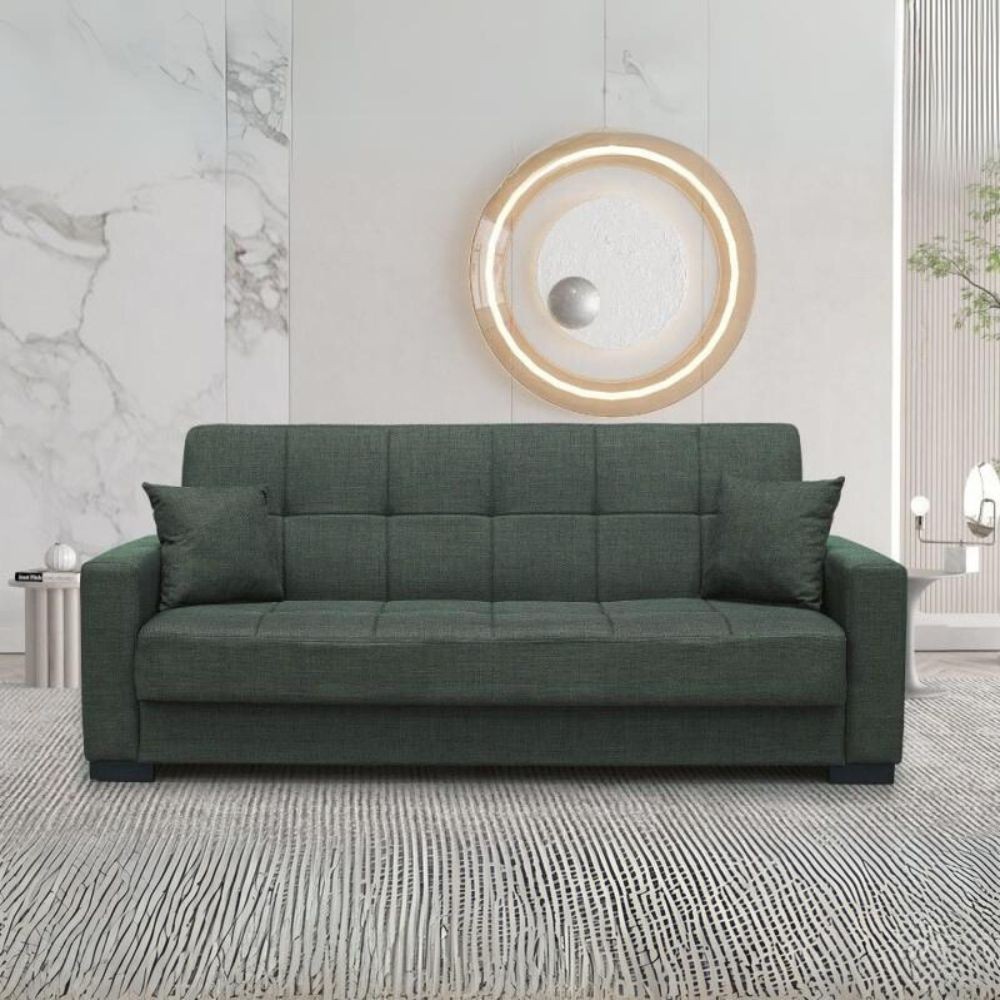 Divano 3 posti funzione letto contenitore NewMalpensa in tessuto verde oliva 225x88x94h