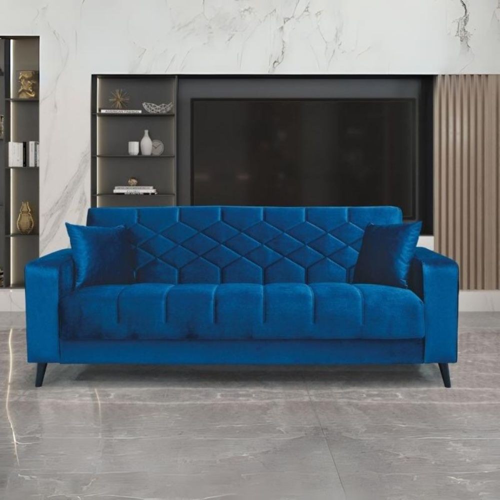 Divano 3 posti braccioli trapuntati con funzione letto e contenitore Columbia vellutino blu 225x84x85h