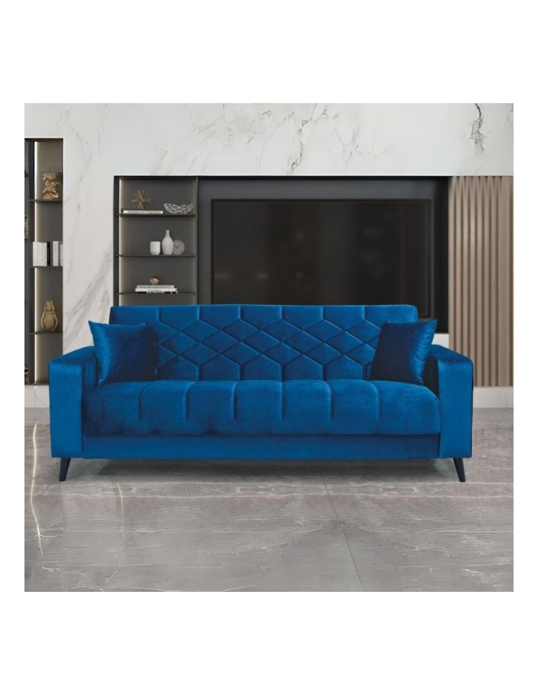 Divano 3 posti braccioli trapuntati con funzione letto e contenitore Columbia vellutino blu 225x84x85h