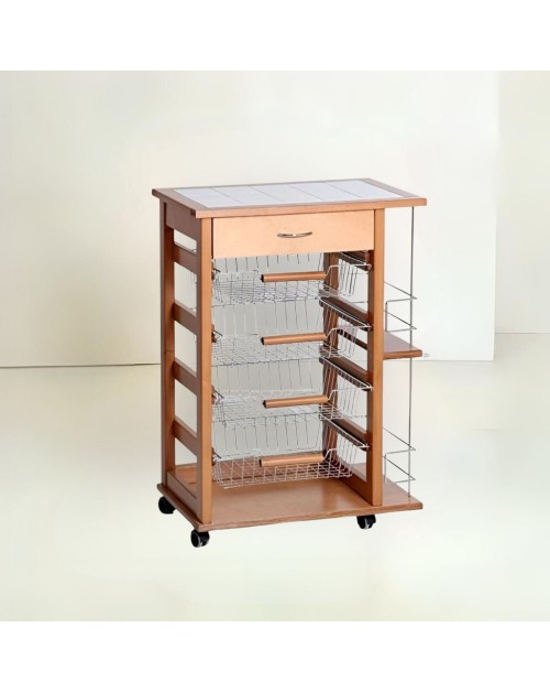Carrello da cucina 4 cestini estraibili con ripiani porta bottiglie ed un cassetto Vesuvio colore rovere