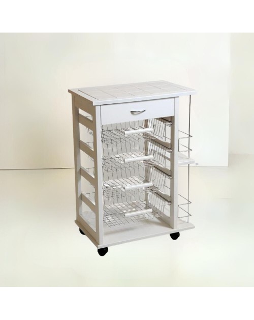 Carrello da cucina 4 cestini estraibili con ripiani porta bottiglie ed un cassetto Vesuvio colore bianco