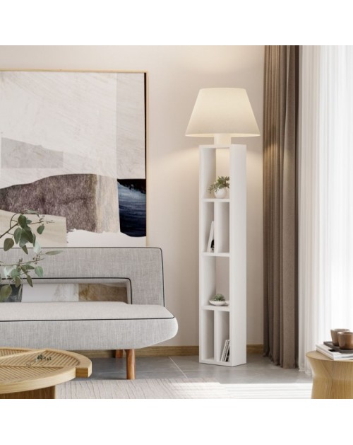 Lampada da terra in legno bianco con libreria Giorno 45x163,5