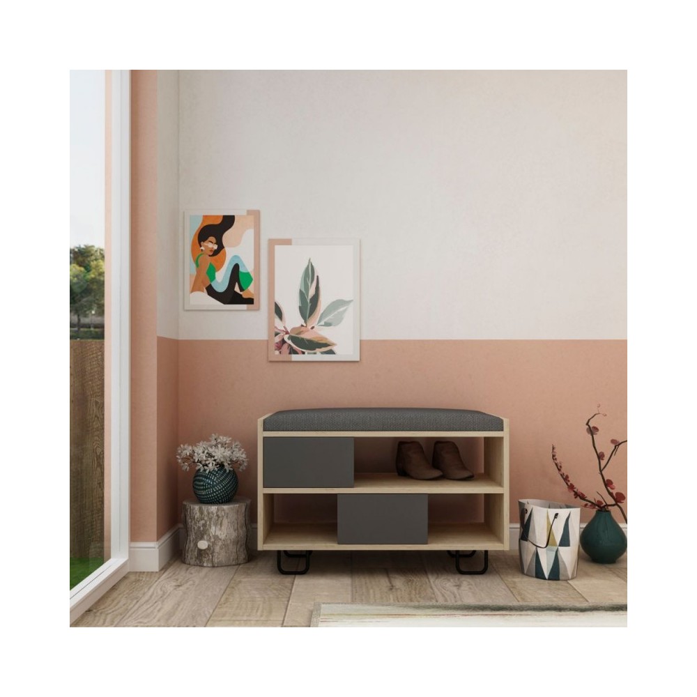 Panca scarpiera Troy con cuscino colore rovere e antracite