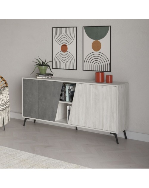 Madia 4 ante Fiona 180x35,6x82H colore bianco vintage e cemento