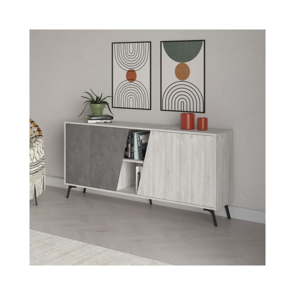 Madia 4 ante Fiona 180x35,6x82H colore bianco vintage e cemento