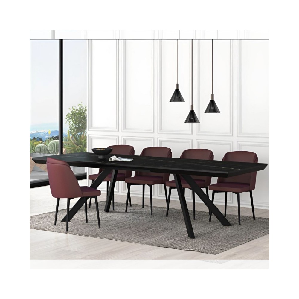 Tavolo allungabile piano effetto marmo nero e gambe in metallo Corin 200x100x77H