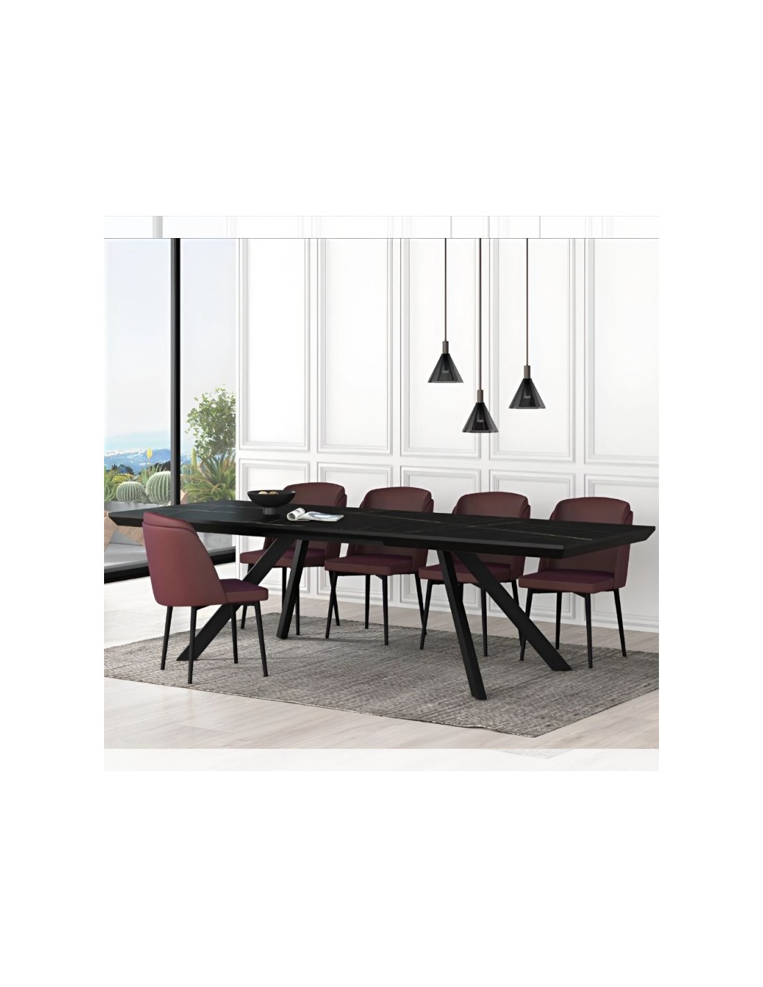 Tavolo allungabile piano effetto marmo nero e gambe in metallo Corin 200x100x77H