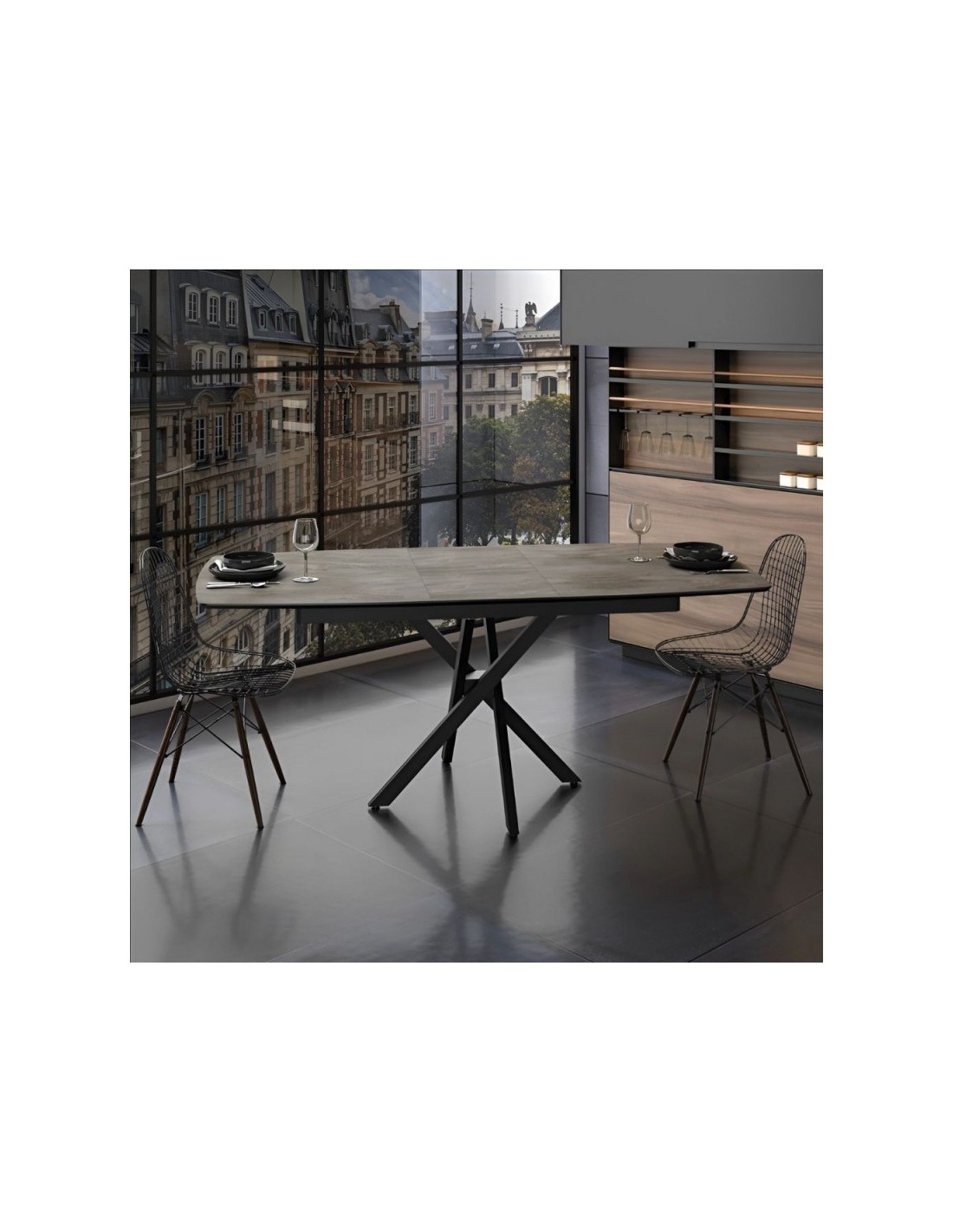 Tavolo allungabile piano effetto marmo ardesia opaco e gambe in metallo nero Filis 145x90x76H