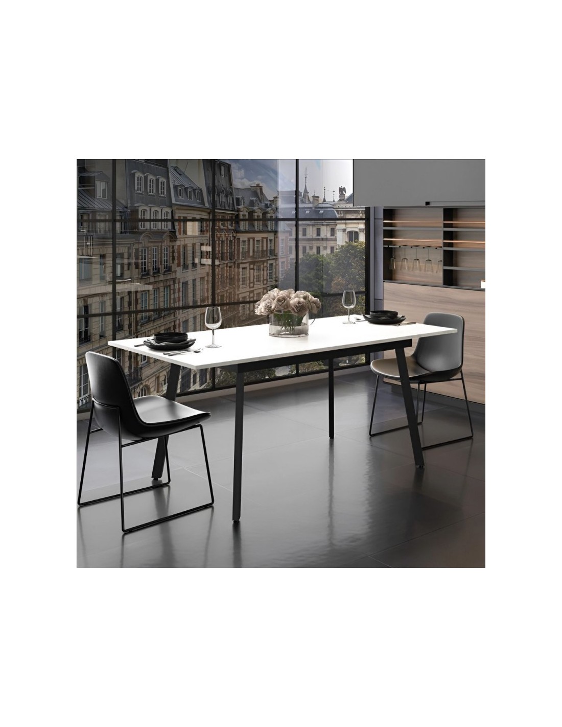 Tavolo allungabile piano colore bianco e gambe in metallo nero Lini 138x85x76h