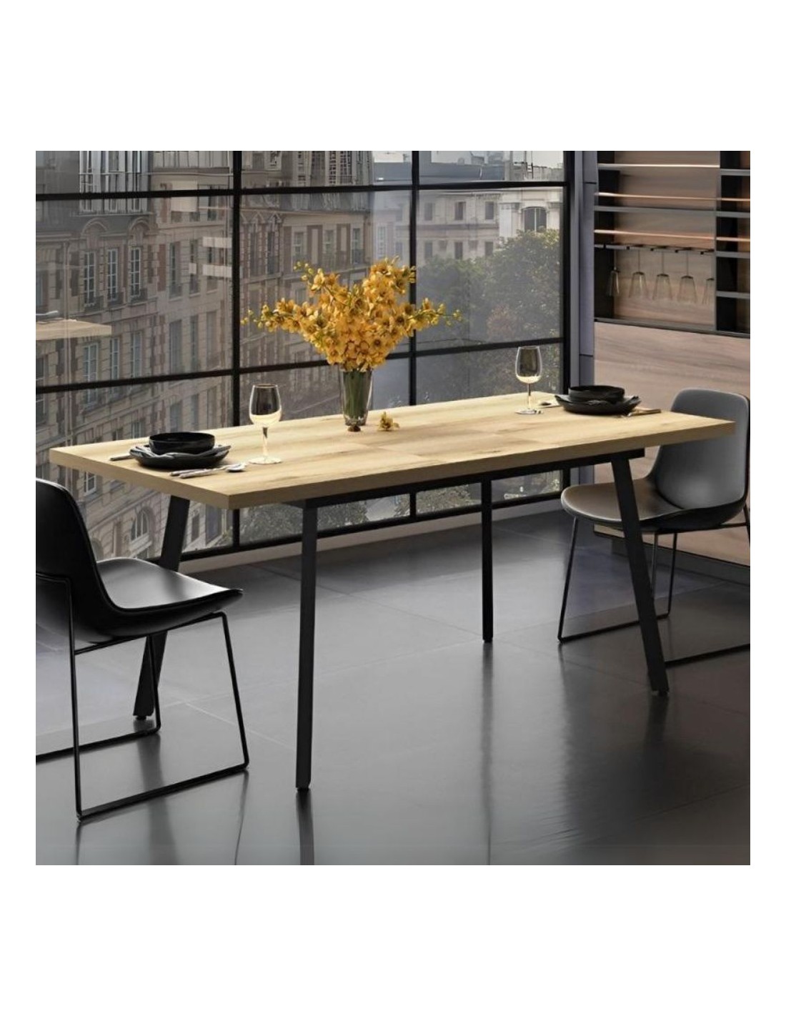 Tavolo allungabile piano colore rovere e gambe in metallo nero Lini 138x85x76h