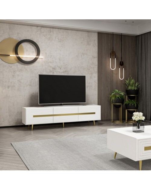 Mobile porta Tv 3 ante Jose 180x42x50h bianco particolari oro