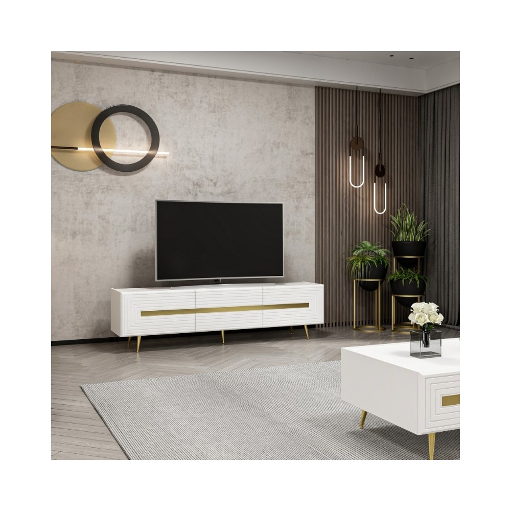Mobile porta Tv 3 ante Jose 180x42x50h bianco particolari oro