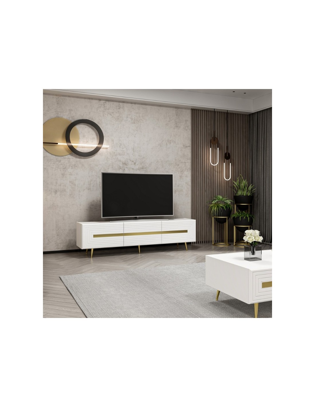 Mobile porta TV 3 ante bianco Jose particolari oro 180x42x50h