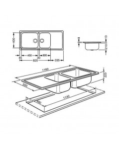 Lavello Incasso Semifilo 2 Vasche e Gocciolatoio Sinistro 116x50 Smeg