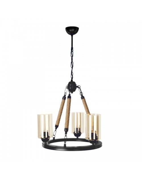 Lampada a sospensione stile retrò con dettagli in corda 3 punti luce Lotus ASZ0954 colore nero