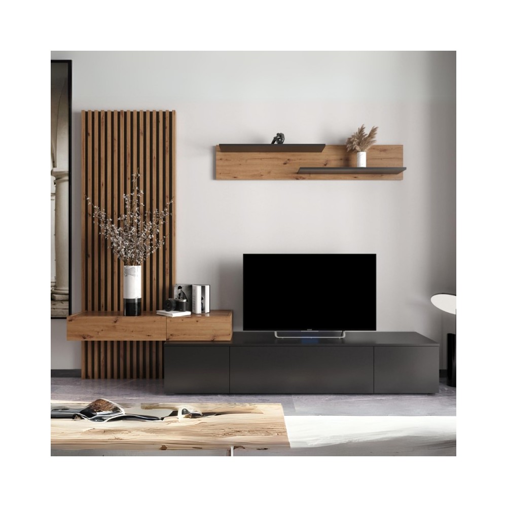Parete attrezzata porta TV Rebecca 250 cm colore nero e rovere