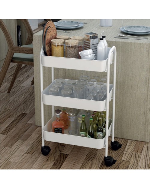 Carrello da cucina 3 ripiani in metallo bianco con ruote Tier 45.5x32x76.4H