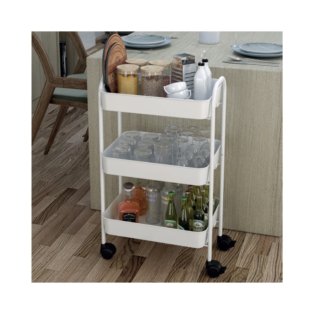 Carrello da cucina 3 ripiani in metallo bianco con ruote Tier 45.5x32x76.4H