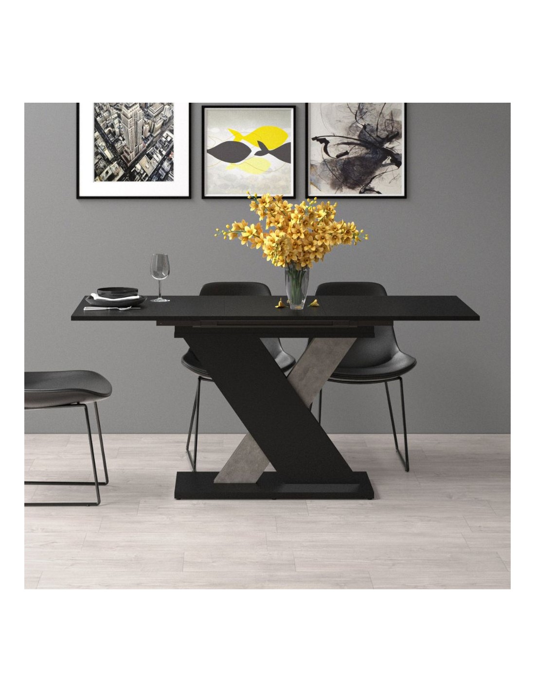 Tavolo allungabile nero con dettaglio cemento Axi 120x75x76H