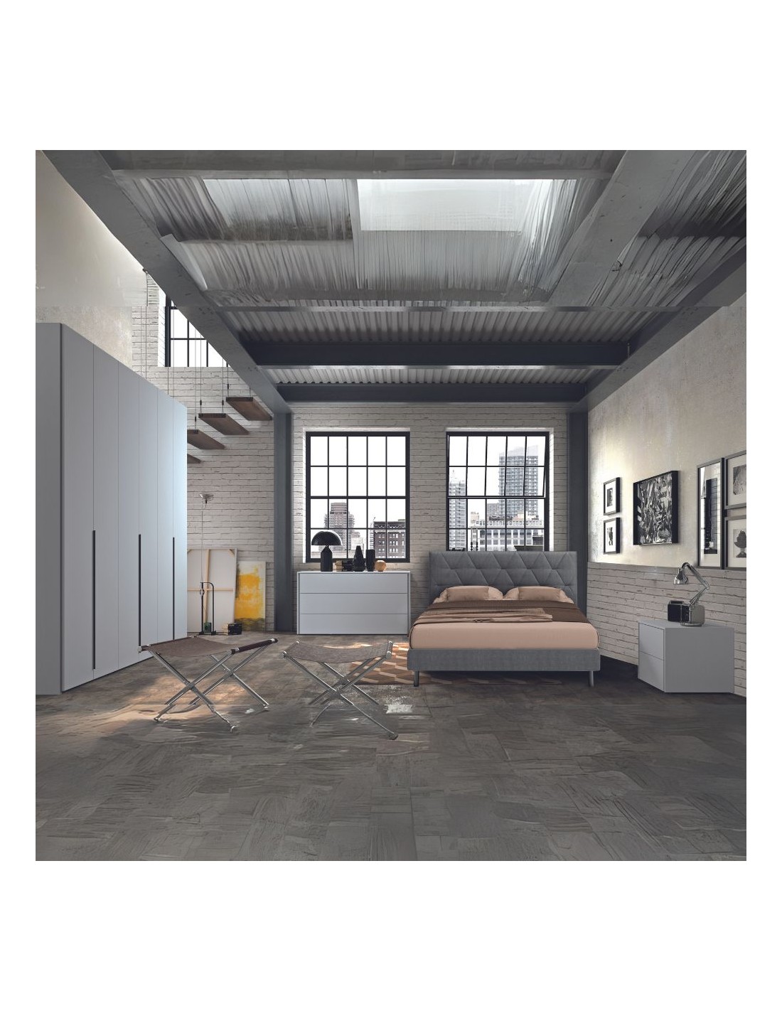 Camera da letto grigio frassinato con letto contenitore Piera