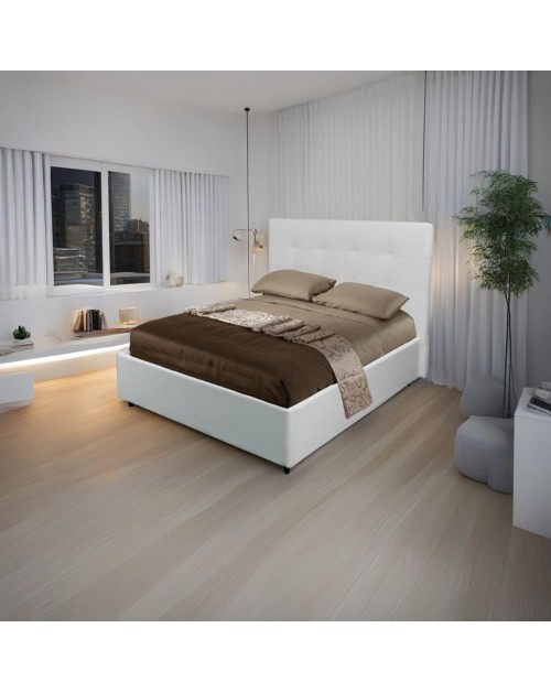 Letto una piazza e mezza con contenitore Ascoli 142x210x110H ecopelle colore bianco