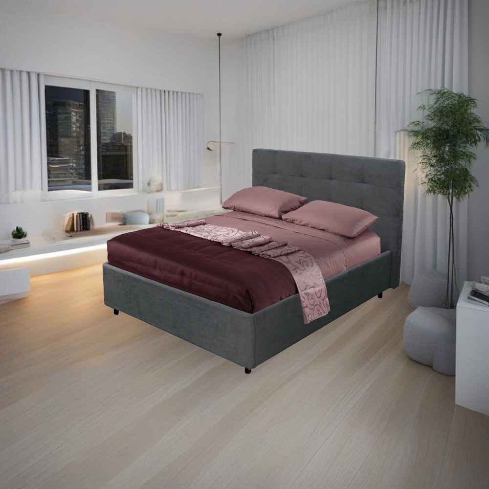 Letto una piazza e mezza con contenitore Ascoli 142x210x110H tessuto colore ash grigio
