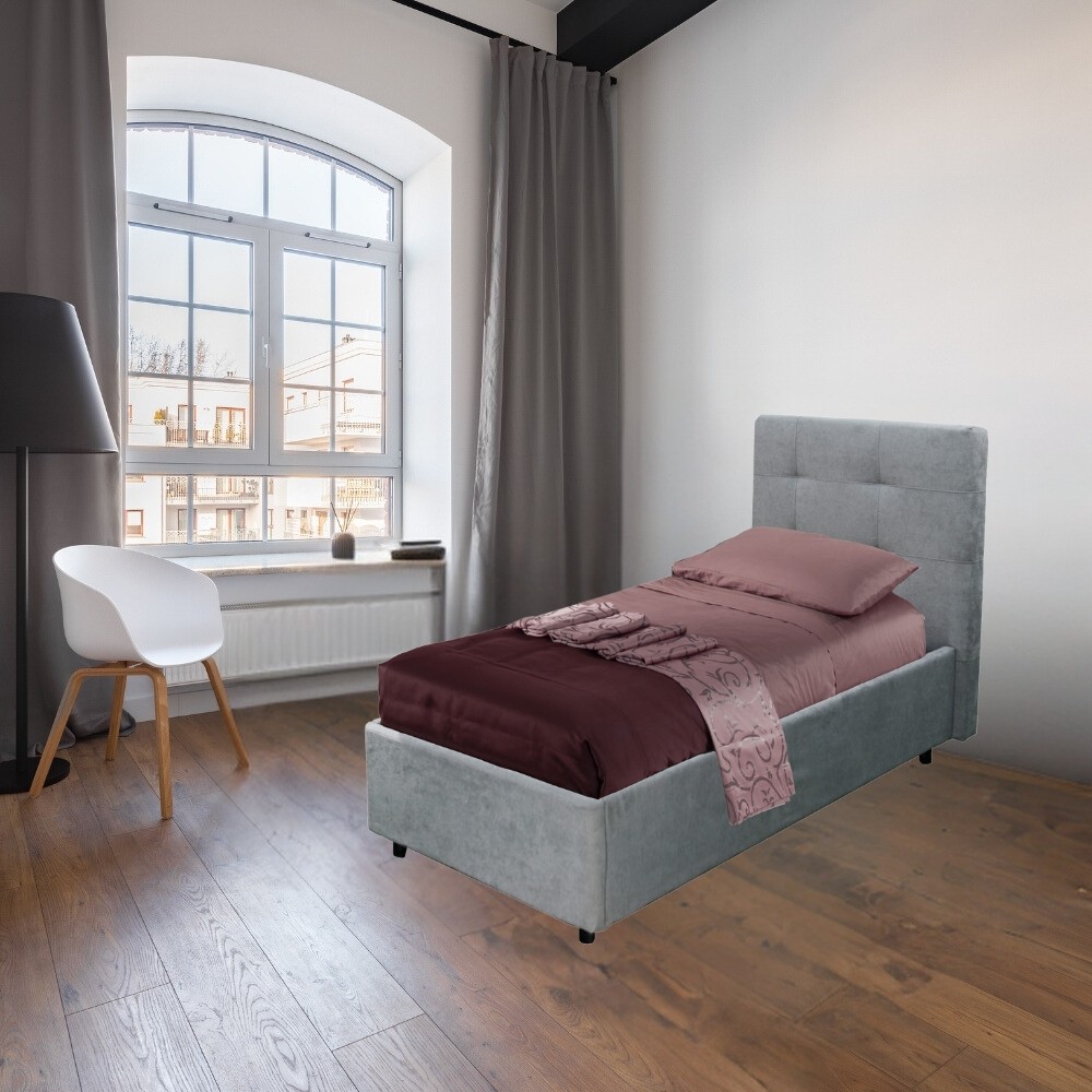 Letto singolo con contenitore Ascoli 102x210x110H tessuto colore grigio chiaro