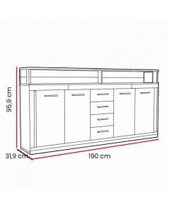 Credenza 4 ante colore bianco e cassetti rovere LunaXXL 190x31.9x95.9H