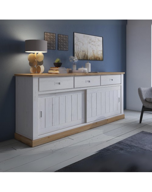 Credenza colore pino bianco e rovere wotan 3 cassetti e 2 ante scorrevoli Anthony67070 219,6x49,8x95H stile shabby