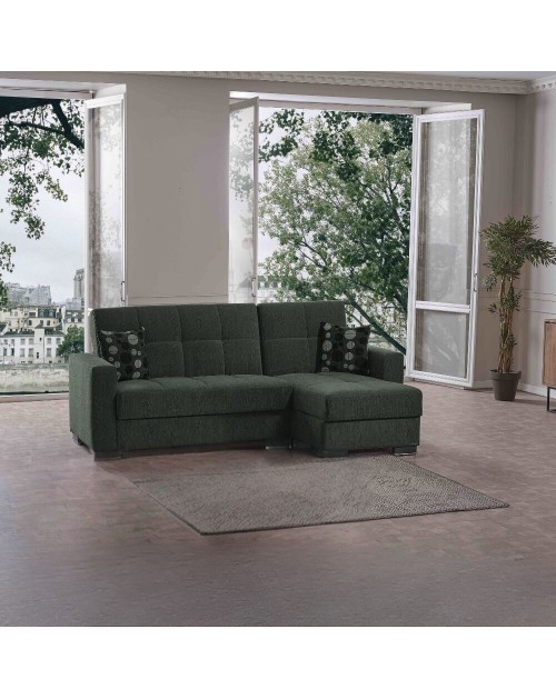 Divano penisola reversibile funzione letto e doppio contenitore tessuto verde oliva Fermina Lounge 240x138x99H