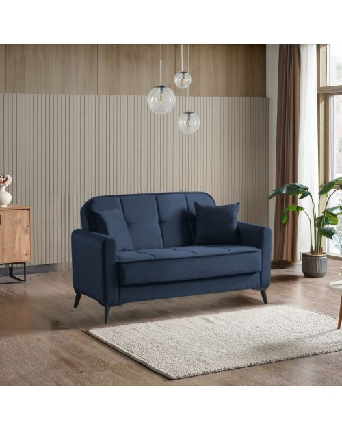 Divano 2 posti con funzione letto e contenitore Marina in tessuto blu 156x85x90H