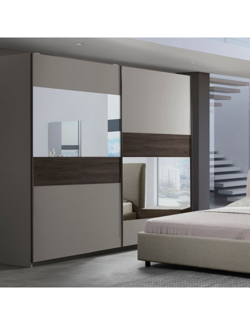 Camera da letto tortora e noce armadio 2 ante scorrevoli con specchi e letto contenitore Kendra