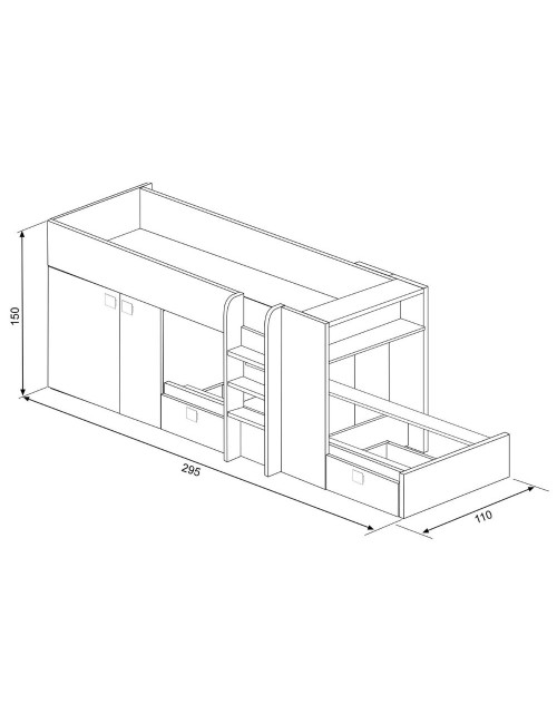 Letto a castello bianco con armadio e cassetti 1277 295x110x150H