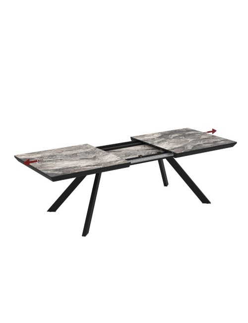 Tavolo allungabile piano effetto marmo nero arabesque lucido e gambe in metallo Corin 200x100x77H