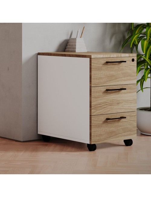 Cassettiera da ufficio 3 cassetti noce naturale e bianco frassinato Ibisco con ruote e serratura 40x55x58H