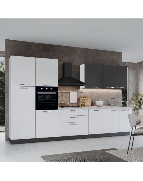 Cucina 360 cm con elettrodomestici Iris colore bianco lucido e pensili grafite