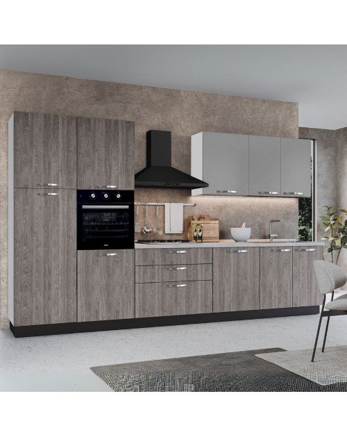 Cucina 360 cm con elettrodomestici Iris colore forest grigio e pensili grigio chiaro
