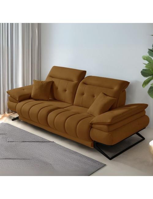 Divano 3 posti schienali basculanti e poggiatesta reclinabili colore caramello Marzia 248x103x95H