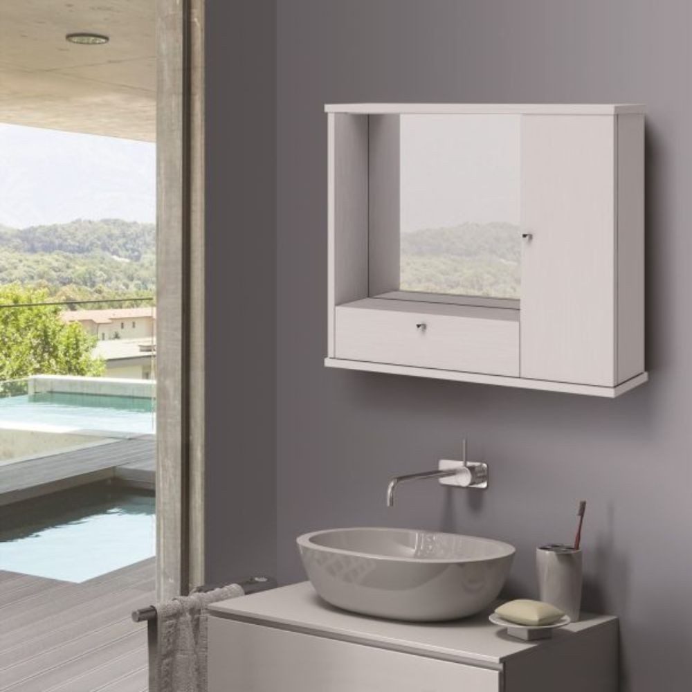 Mobile Bagno Pensile Bianco con Specchio e Ante 73x14x61H