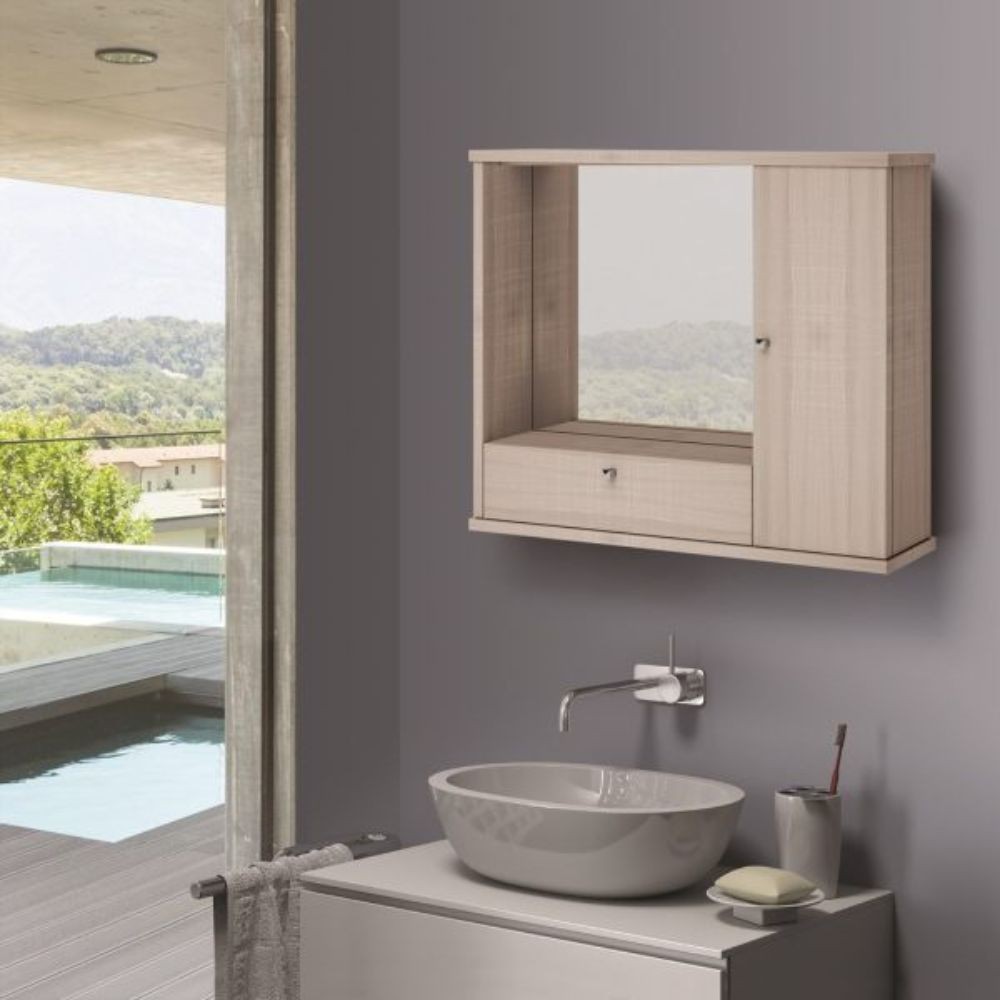 Mobile Bagno Pensile olmo con Specchio e Ante 73x14x61H