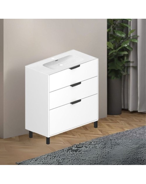 Mobile bagno Triana bianco lucido con 3 cassettoni e lavabo 80x38x85H