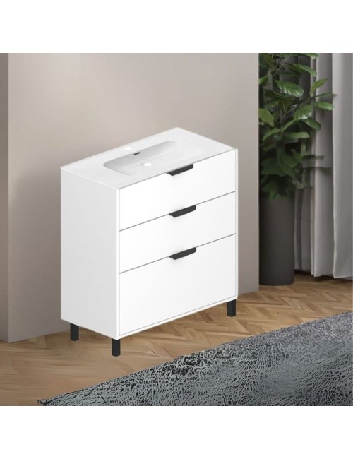 Mobile bagno Triana bianco lucido con 3 cassettoni e lavabo 80x38x85H