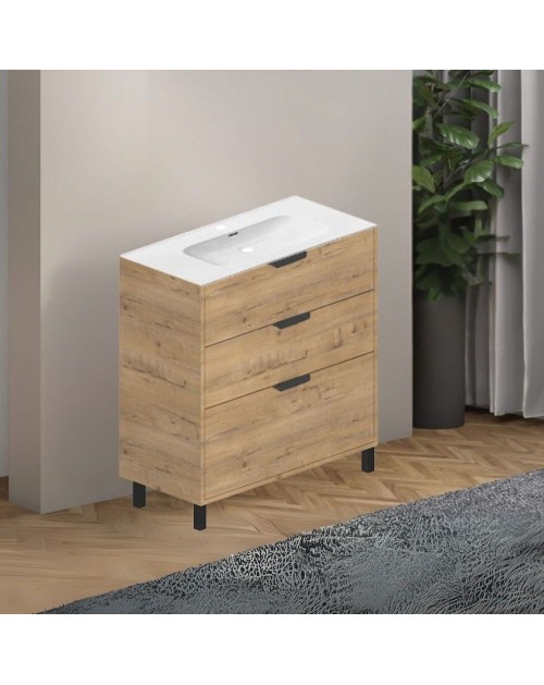 Mobile bagno Triana rovere con 3 cassettoni e lavabo 80x38x85H
