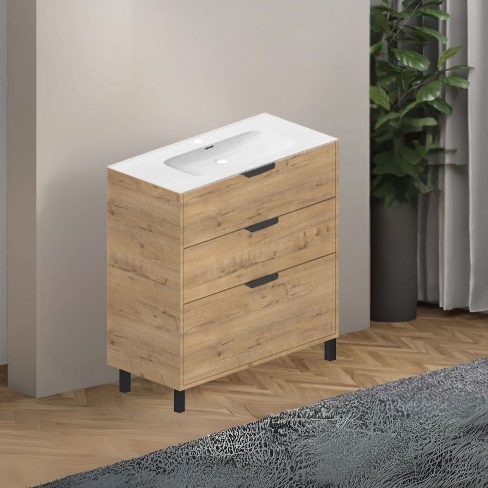 Mobile bagno Triana rovere con 3 cassettoni e lavabo 80x38x85H