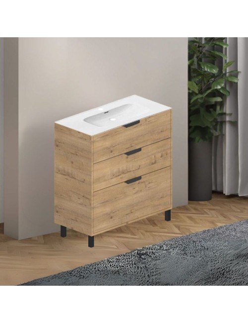 Mobile bagno Triana rovere con 3 cassettoni e lavabo 80x38x85H
