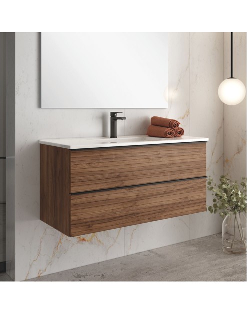 Mobile bagno sospeso noce effetto cannettato Senda con 2 cassettoni 100x45.5x48H